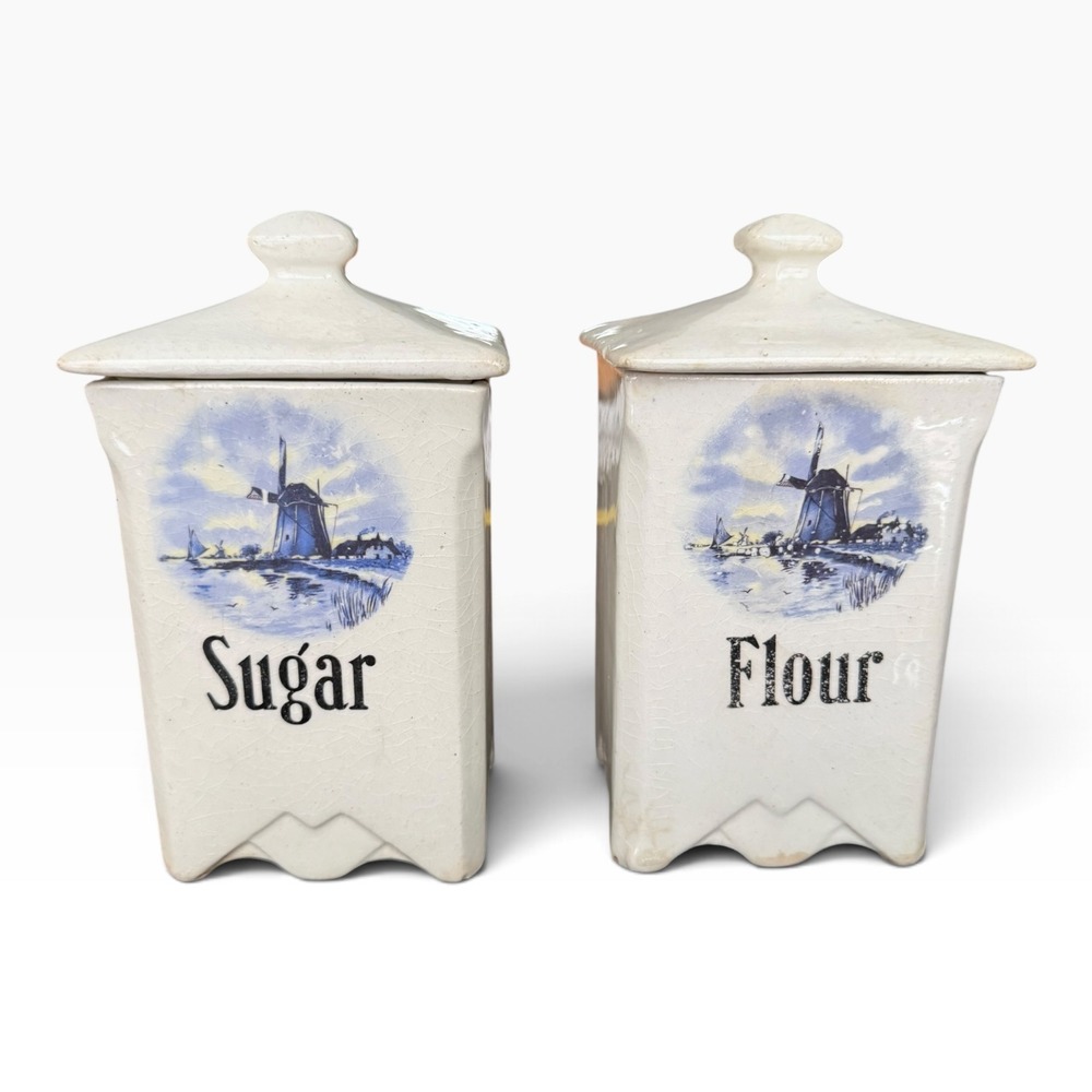 Vintage Blue White Dutch Windmill Ceramic Canister Set Sugar Flour Primitive
